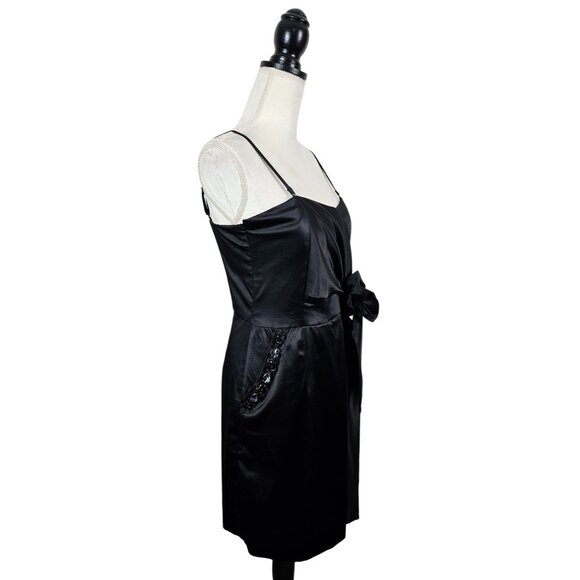 Womens Formal Black Satin Cocktail Dress Bow Detail Beaded Pockets Size L Sexy - Picture 3 of 13